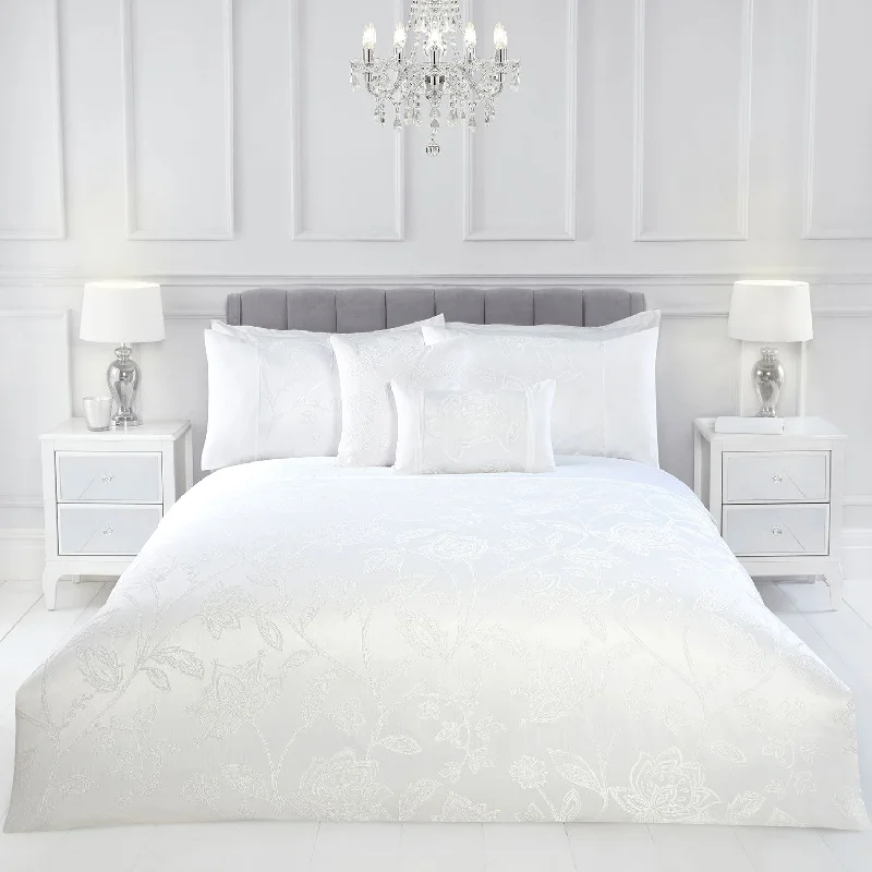 Moisture - wicking duvet covers to prevent night sweatsDorchester White Embellished Jacquard Duvet Set