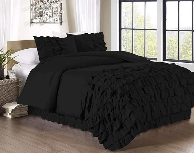 High - end luxury duvet covers for a top - tier sleep experienceFull Black Ruffle Duvet Cover Set Egyptian Cotton 1000 Thread Count