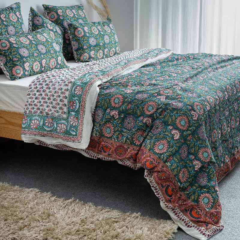 Dry - clean - only duvet covers with high - end materials and delicate designsPremium Green Floral Block Print Soft Cotton Duvet Cover Sets and Single