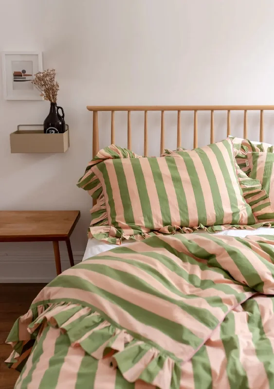 Patchwork duvet covers with a variety of fabric pieces sewn together for a rustic charmGreen Stripe Linen Duvet Cover