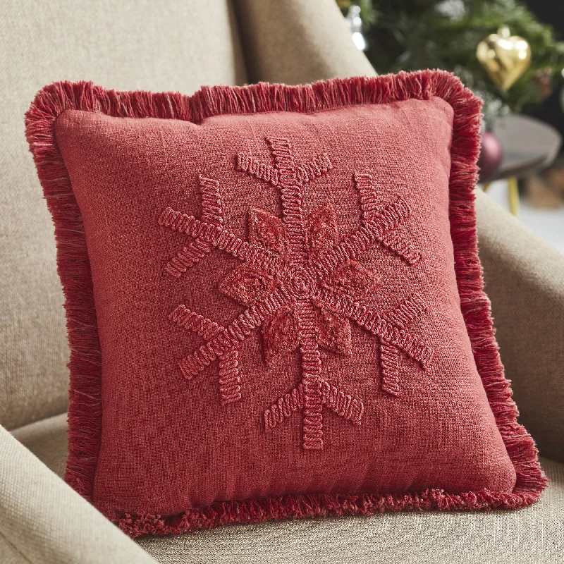 Bolster Pillows for Sofa DecorationRed Snowflake Stone Washed Fringed Pillow 12x12