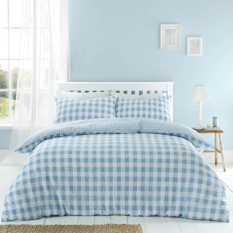 Duvet covers suitable for use with synthetic - filled comfortersSeersucker Gingham Check Duvet Cover Set Blue