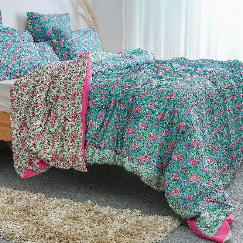 Wrinkle - resistant duvet covers for a neat and tidy lookLuxury Sky Blue Floral Block Print Cotton Duvet Cover With Shams