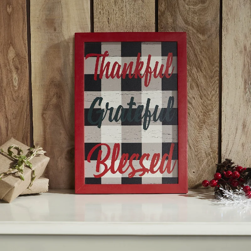 Thankful Grateful Blessed Christmas Gingham Wall Hanging Sign 13x9