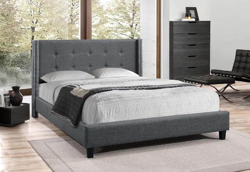 King - size mattresses for spacious master bedroomsDark Grey Fabric Bed With Nailhead